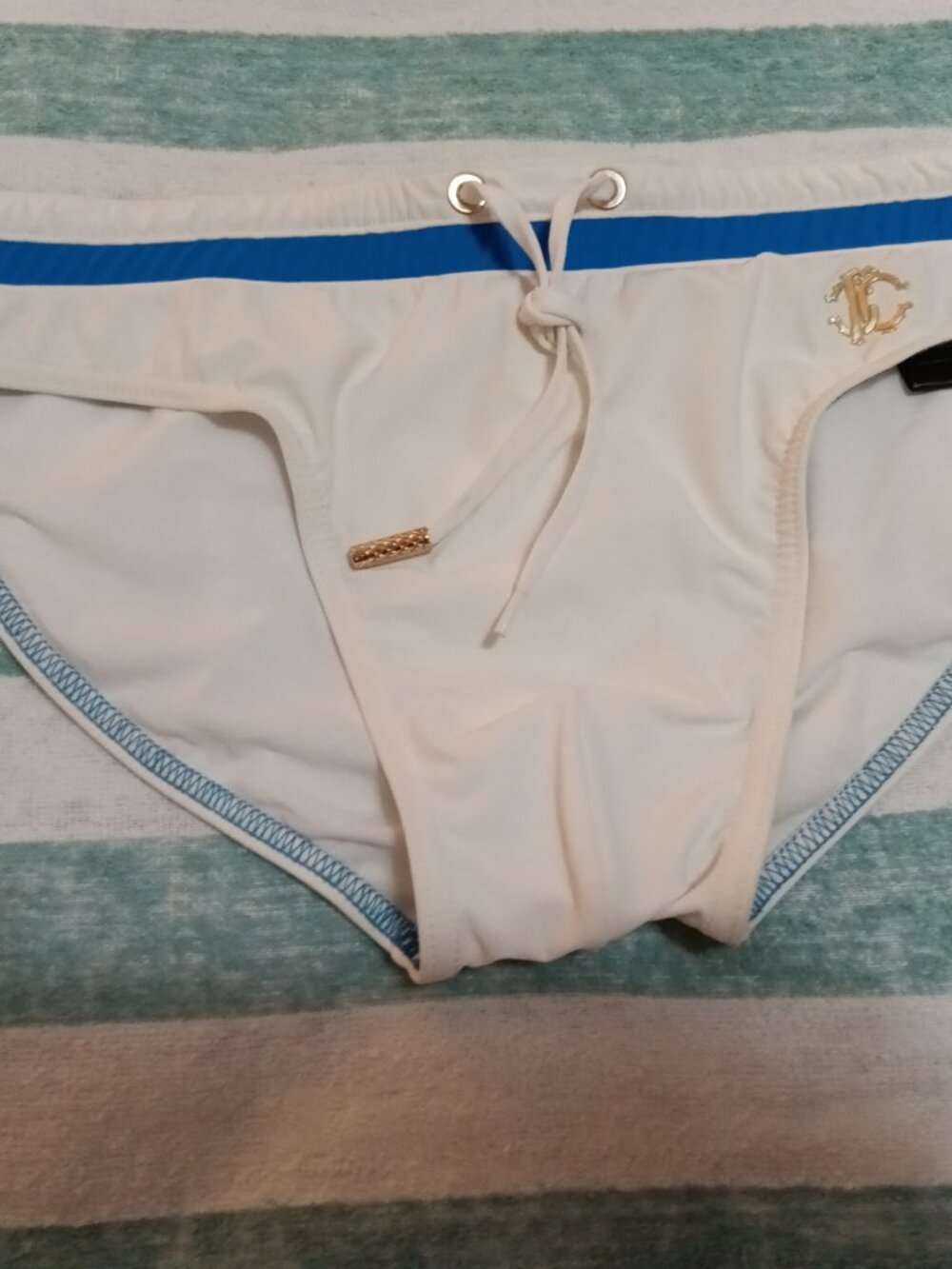 ROBERTO CAVALLI DESIGNER SWIM BRIEF, WHITE w/ BLUE STRIPE, SIZE "XS" - Pre-Owned